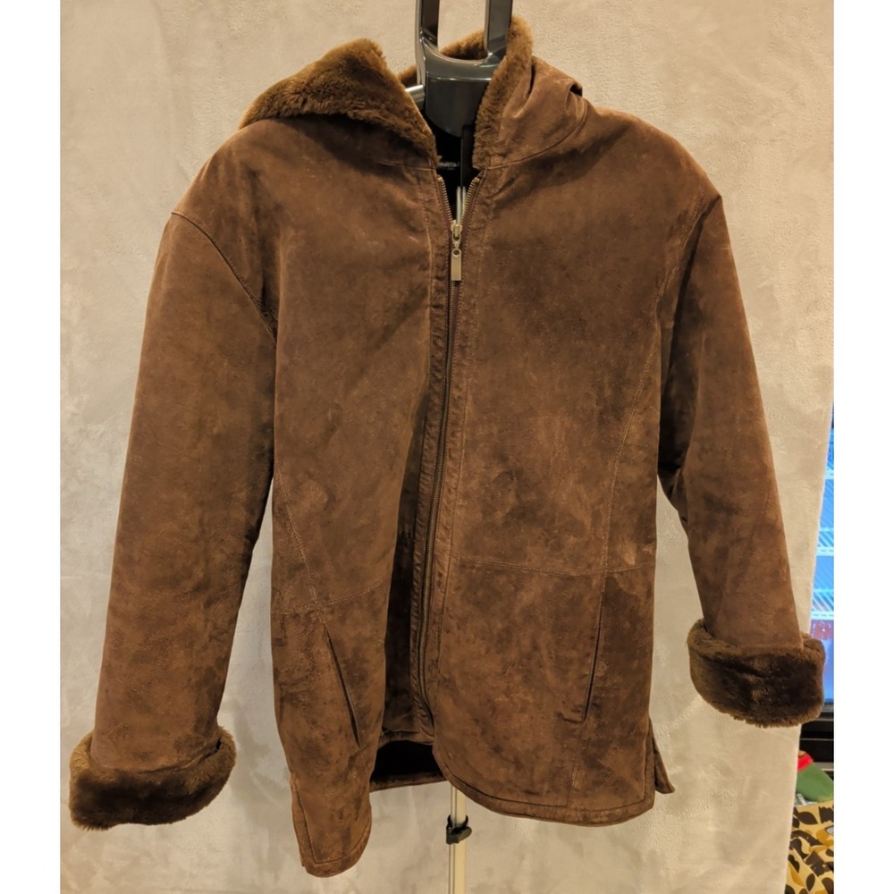 St Johns Bay Jacket Mens Large Brown Washable Suede Full Zip Coat With Hood